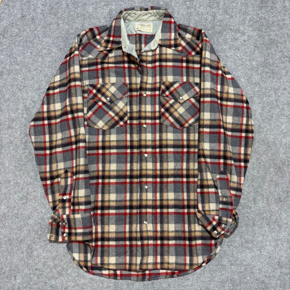 Pendleton High Grade Western Wear Plaid Wool Pearl Snap Shirt Men Small Red Grey